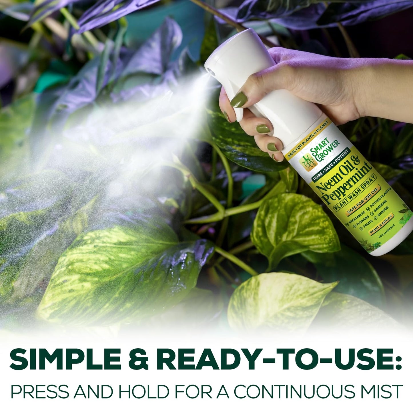 Neem Oil Spray for Plants with Peppermint Oil, Natural Plant Wash Made for Indoor and Outdoor Plants Smart Grower 10oz Easy Ready-to-Use Fine-Mist Refillable Premium Sprayer