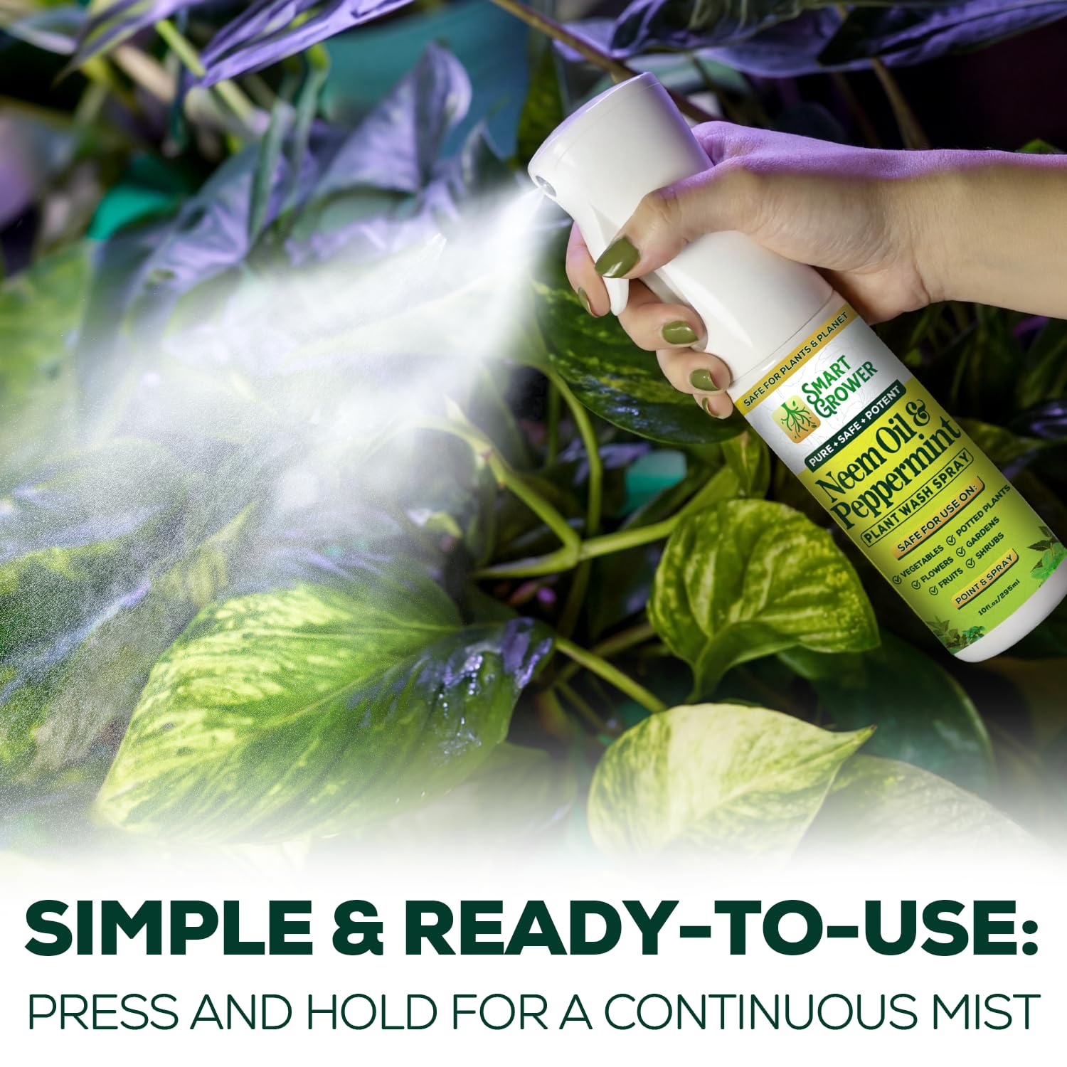 Neem Oil Spray for Plants with Peppermint Oil, Natural Plant Wash Made for Indoor and Outdoor Plants Smart Grower 10oz Easy Ready-to-Use Fine-Mist Refillable Premium Sprayer