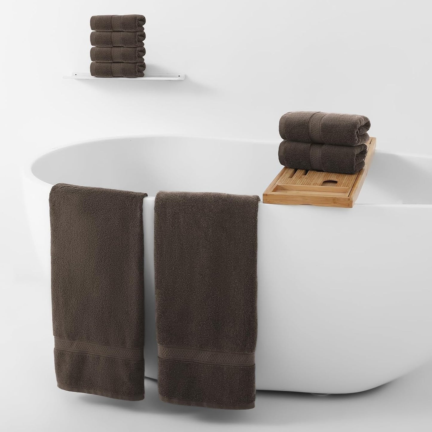 REDKISS 8 Piece Cotton Towel Sets for Bathroom - 2 Oversized Bath Sheets (35x70 in), 2 Hand, 4 Washcloth, Super Soft Quick Dry Highly Absorbent Brown Bath Towel Set for Home Gym Dorm Spa