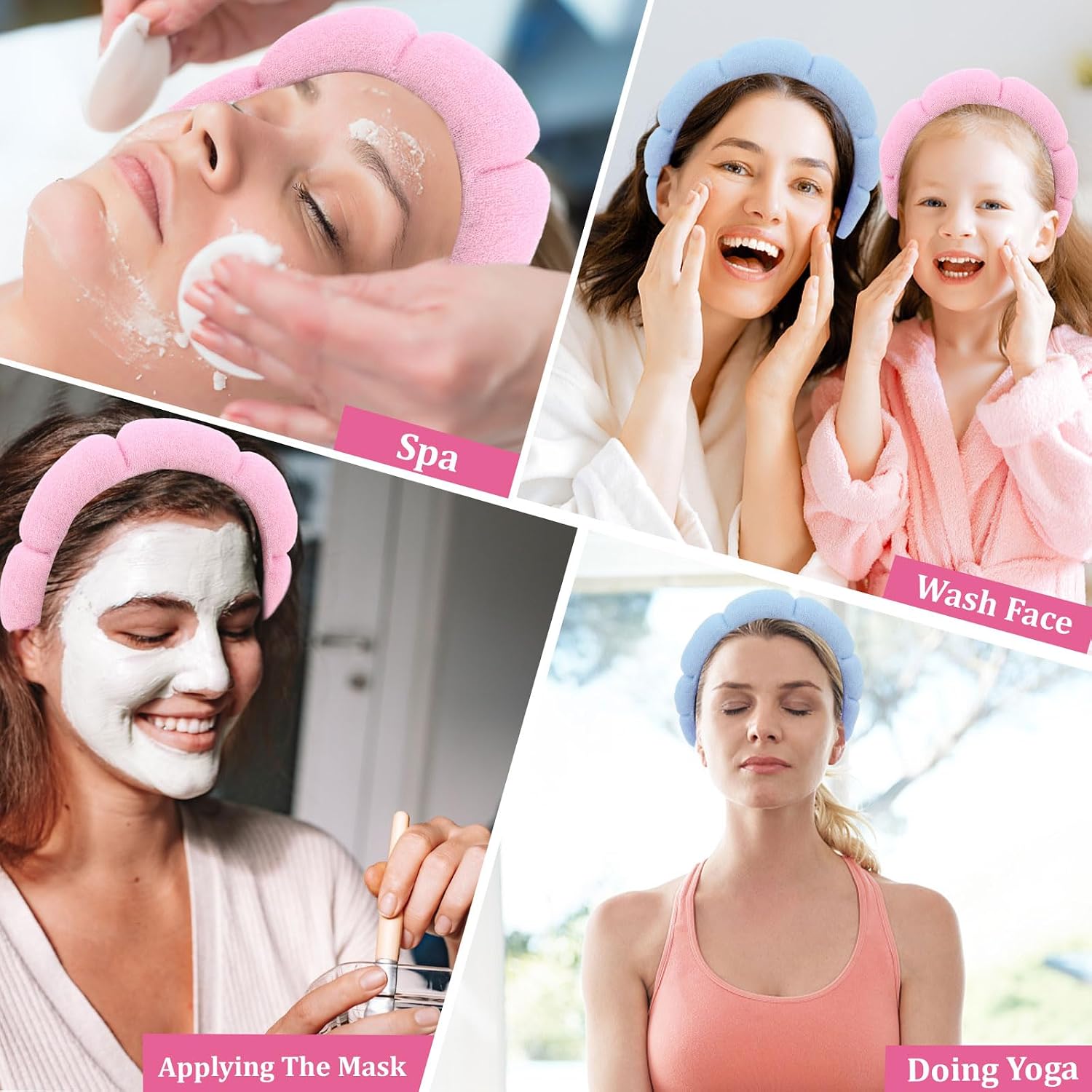 ANBALA Spa Headband for Women 2 Pack - Sponge Makeup, Puffy Skincare, Terry Cloth Shower Headband for Girls (Pink/Blue)