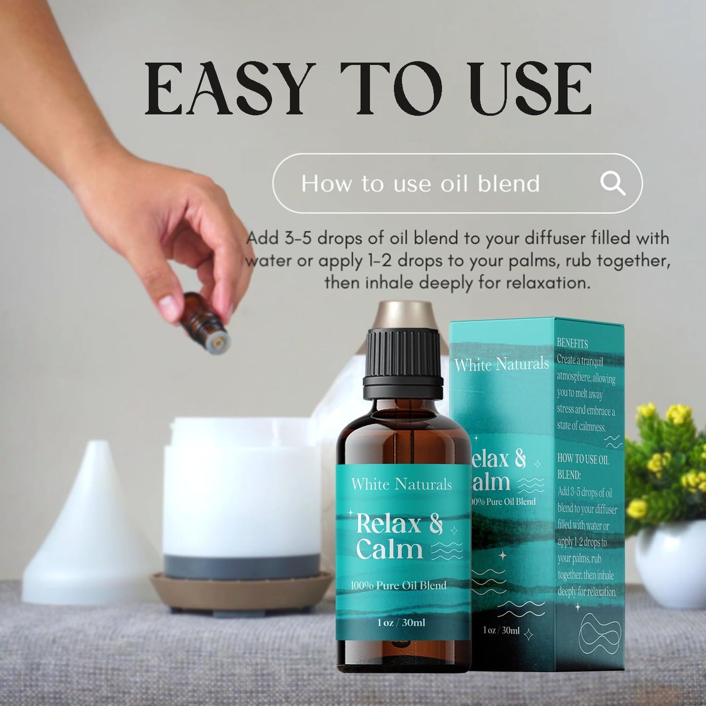 White Naturals Relax & Calm Essential Oil Blend – Soothing Aromatherapy Blend for Tranquility, 100% Pure & Natural, Perfect for Diffuser & Self-Care, 1oz