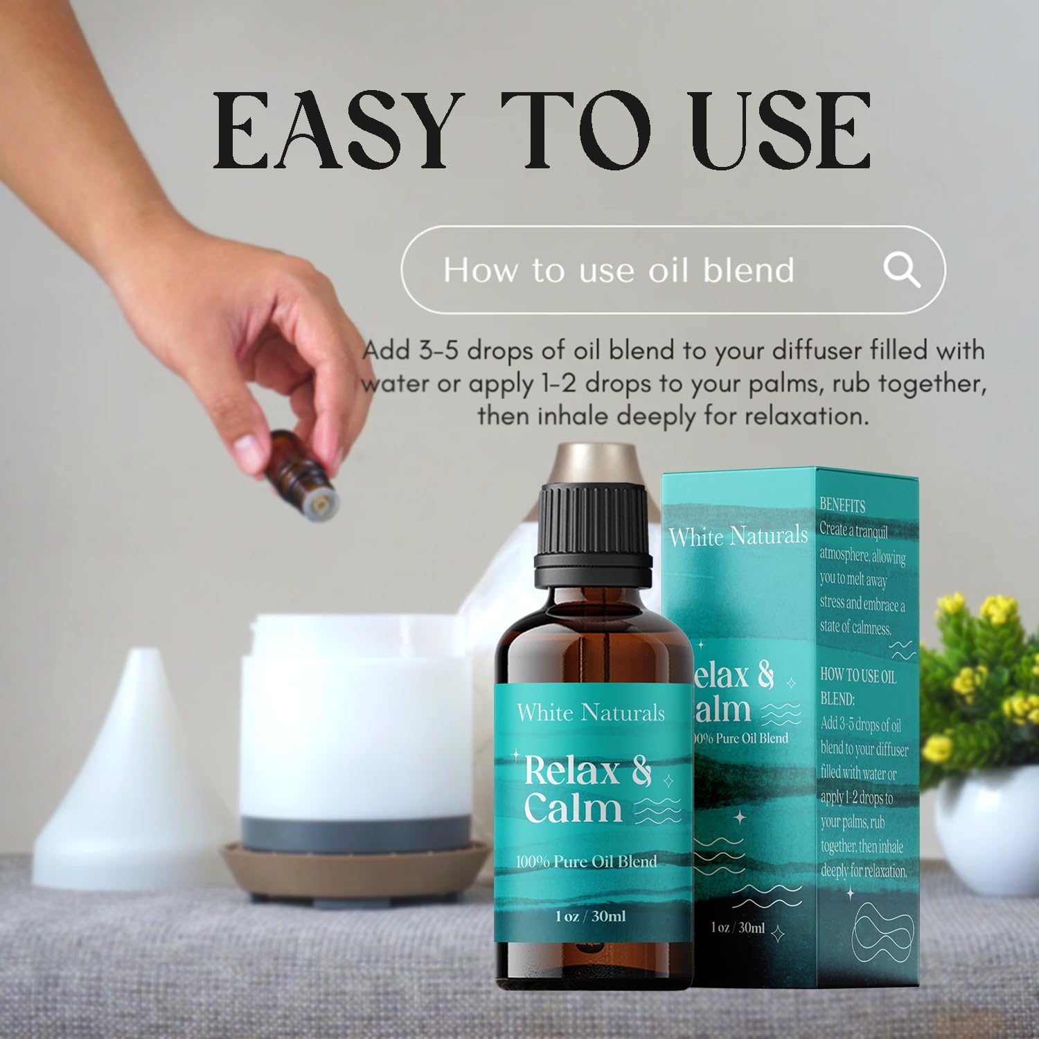 White Naturals Relax & Calm Essential Oil Blend – Soothing Aromatherapy Blend for Tranquility, 100% Pure & Natural, Perfect for Diffuser & Self-Care, 1oz
