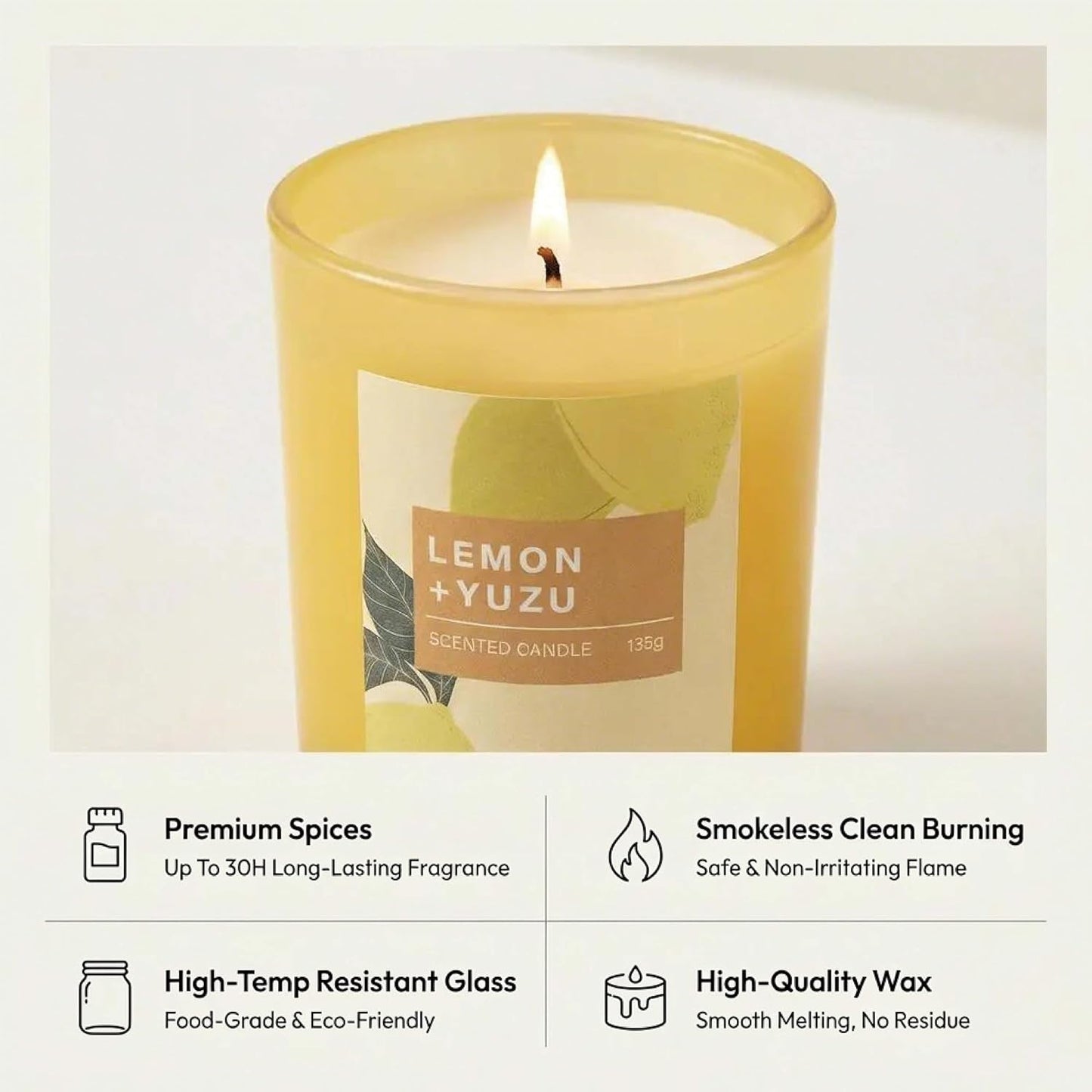 Lemon Scented Candle – 4.76 oz (135g) Natural Soy Wax, 30-Hour Clean Burn, Elegant Glass Jar, Home Fragrance & Thoughtful Gift for Home (Lemon)