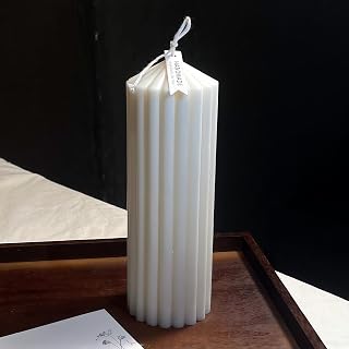 Ribbed Peak Pillar Candle- Large Handmade Scented Soy Wax Candle with Elegant Bubble Aesthetic， Housewarming Gift, Shelf & Coffee Table Centerpiece, White (Medium)