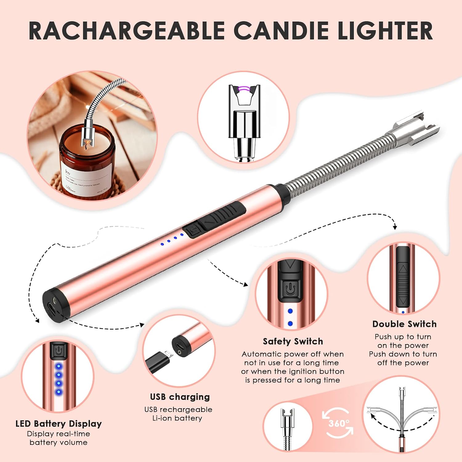 6 in 1 Candle Accessory Set,Candle Wick Trimmer Cutter,Candle Wick Dipper,Candle Wick Snuffer, Rechargeable Candle Lighter,Storage Tray Plate,Tweezers,Stainless Steel Candle Care Kit Gift