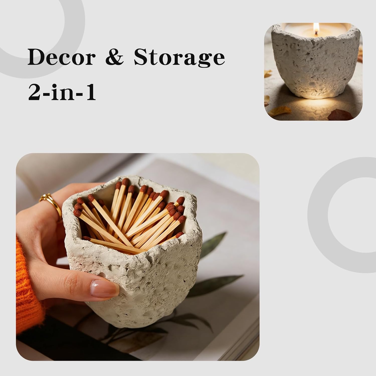 Match Holder Jar with Striker - 100+ Long Matches for Candles, Fireplaces & Decor, Textured Stone Design, All-in-One Match Storage & Striker Jar