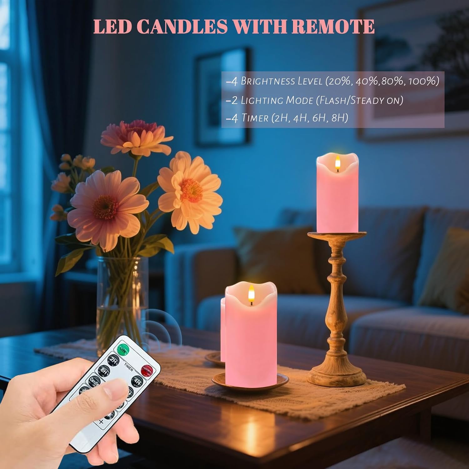 VEEKI Flameless Candles Light, Set of 2 6"x3" Flickering LED Candle with Remote & Timer, Dimmable Electric Pillar Candles Battery Operated, Pink Candles for Valentine's Day Xmas Home Decor (2PC)
