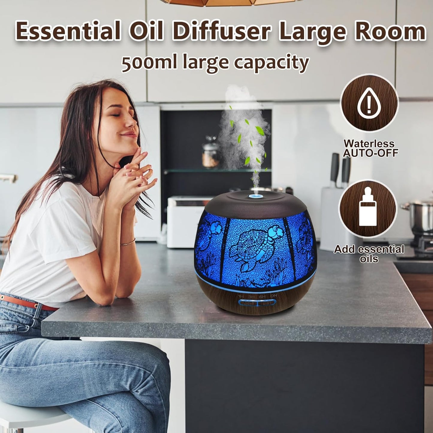 Essential Oil Diffuser for Home,500ML Aromatherapy Diffusers for Essential Oils Large Room with Cool Mist Humidifiers for Bedroom,7 Colors Changed & 3 Mist Mode Automatic Shut-Off - Turtle