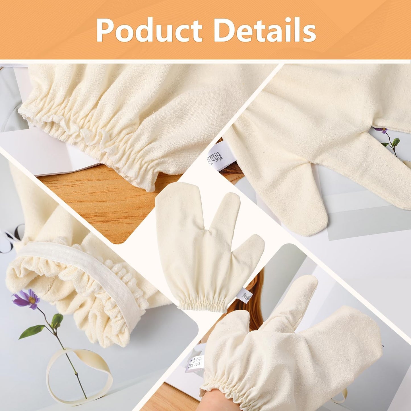 Garshana Gloves Raw Silk Massage,Raw Silk Gloves Garshana with Elastic Wrist Bands,for Skin Brushing Massage (2PCS)