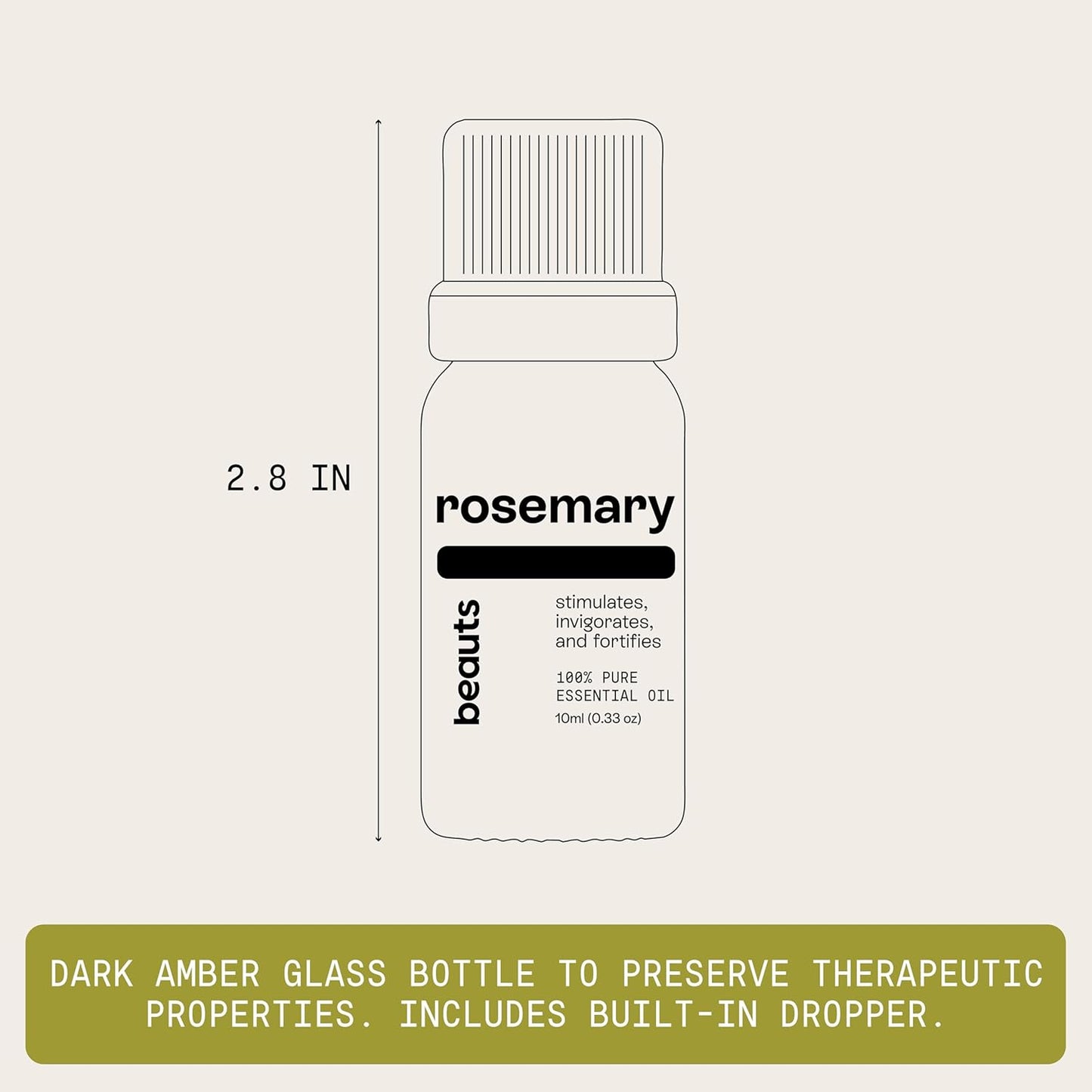 Beauts Premium Rosemary Essential Oil – 100% Pure & Natural - Hair Growth, Scalp, Memory & Focus – Rosemary Oil for Aromatherapy, Diffuser, Massage & Skin – Vegan & Cruelty-Free 10 mL (.33 fl oz)