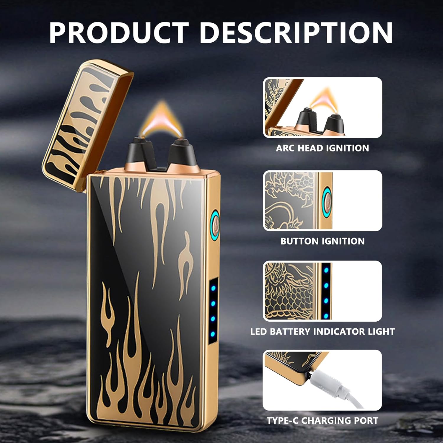 Electric Plasma Lighter - Rechargeable, Windproof with Battery Display, USB, Vintage for Candle, Fireworks, Incense Stick