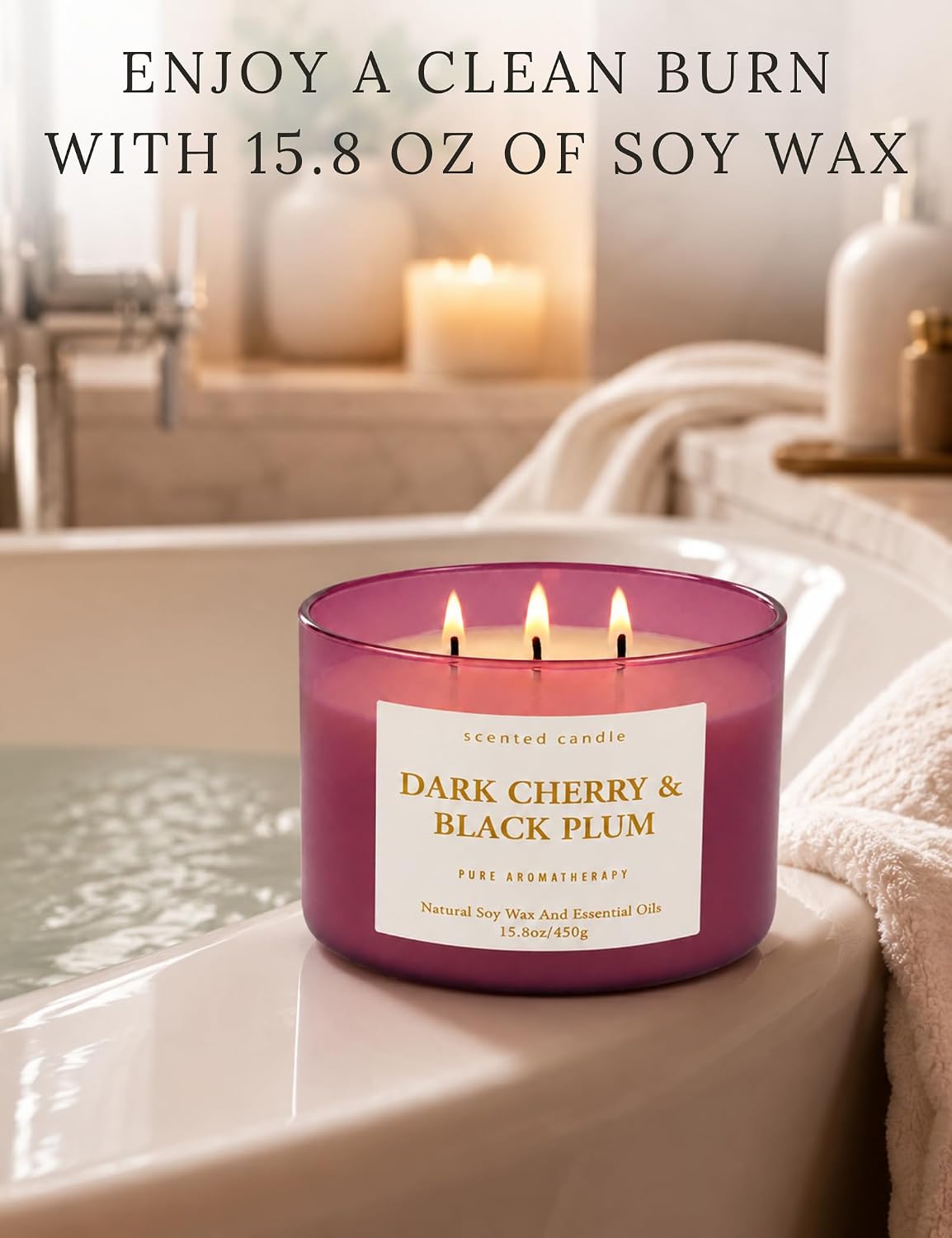 Dark Cherry Black Plum 3-Wick Soy Candle, 15.8 oz Scented Candle for Home | Black Cherry, Plum & Vanilla Notes, Aromatherapy, Highly Scented, Clean Burn, Summer & Fall candle, Gift for Women & Men