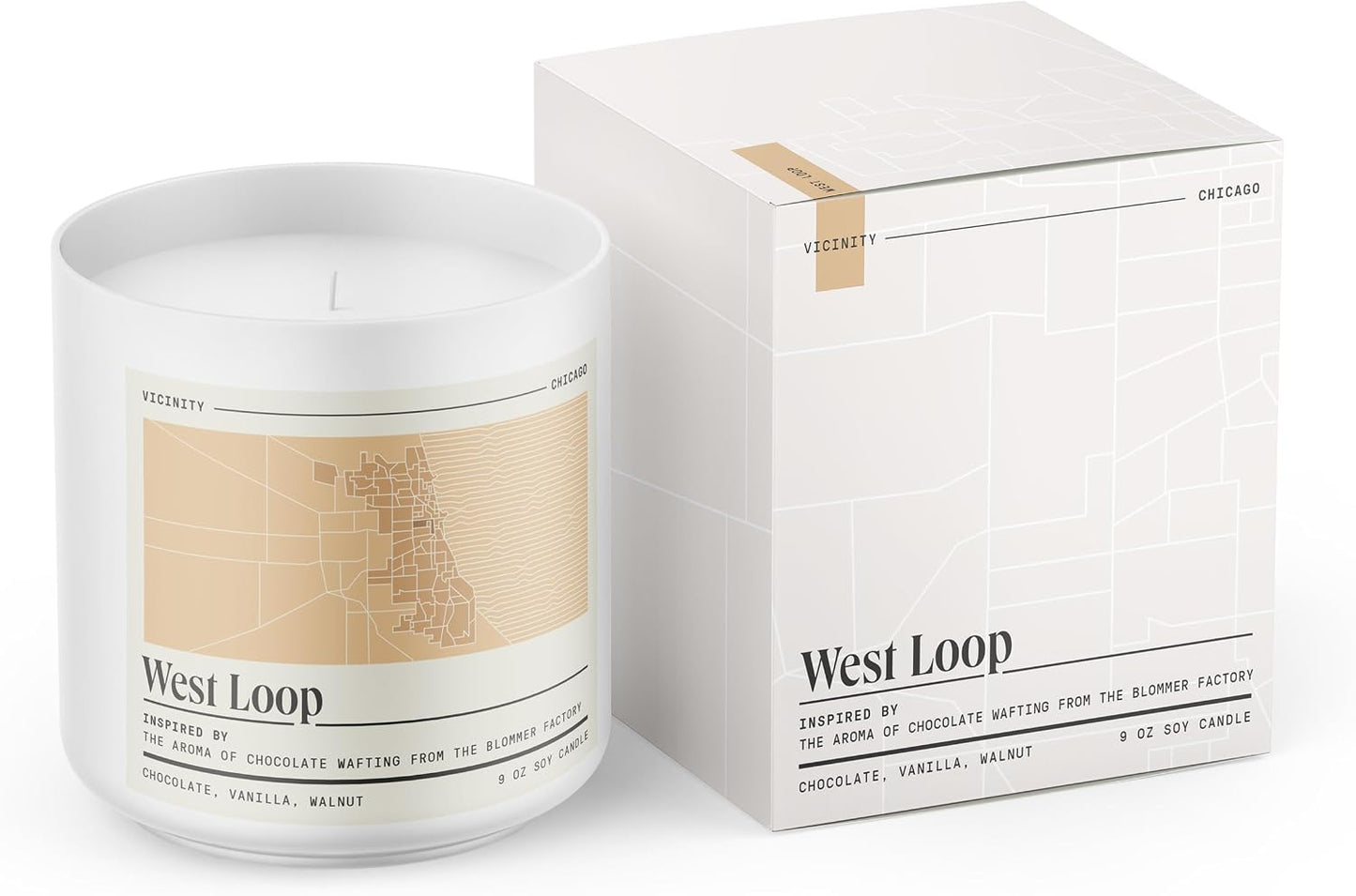 Vicinity West Loop, Hand-Poured Soy Candle | Chocolate, Vanilla & Walnut | 9 oz, 45-50 Hour Burn | Gift Ready | Woman-Owned