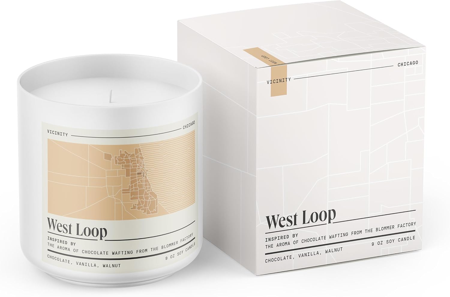 Vicinity West Loop, Hand-Poured Soy Candle | Chocolate, Vanilla & Walnut | 9 oz, 45-50 Hour Burn | Gift Ready | Woman-Owned