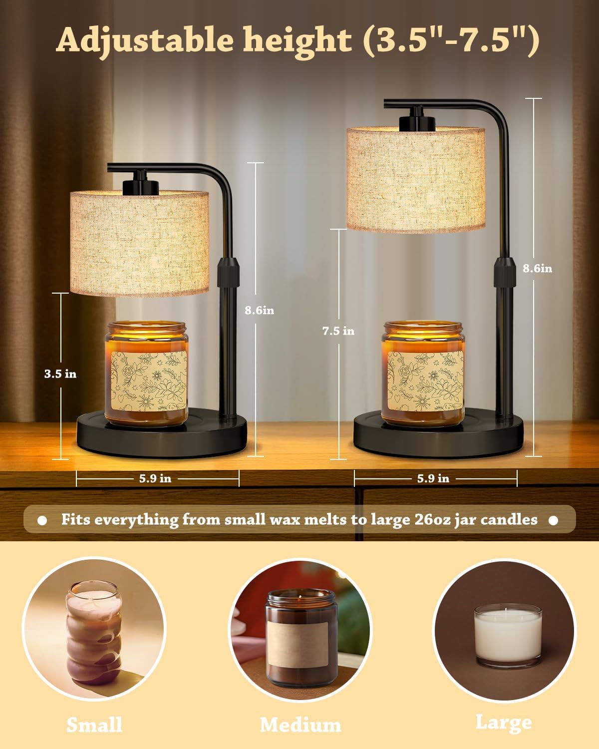 Candle Warmer Lamp with Timer Dimmer, Height Adjustable Modern Farmhouse Candle Warmer, Electric Candle Lamp Warmer with 2 Bulbs, Birthday Gifts for Women Mom, Gift for Home Decor