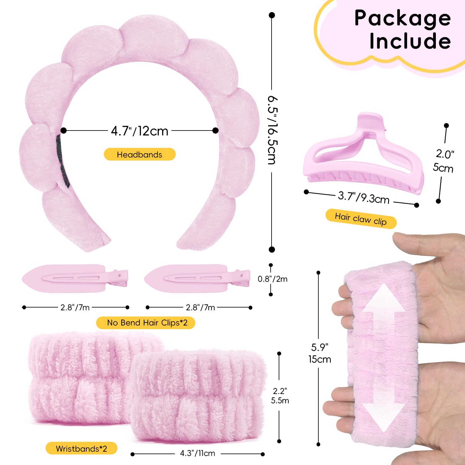 my novel things Spa Headband for Washing Face, Cute Skincare Headband and Wristband With Hair Clips Gift Set for Women Girl, Soft-Puffy Velvet Makeup Headbands (Pink)