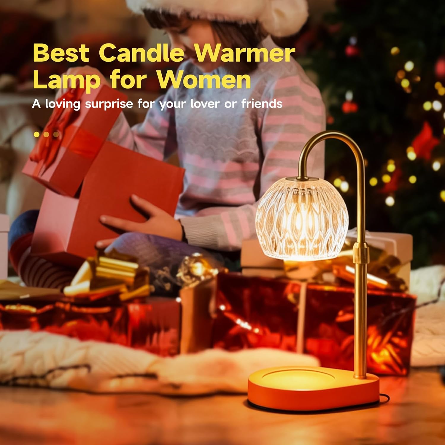 WEILASA Candle Warmer Lamp Crystal Glass Shade, Electric Candle Melter with Adjustable Wooden Bottom seat for Home Warm Home Decoration Gifts-Gold