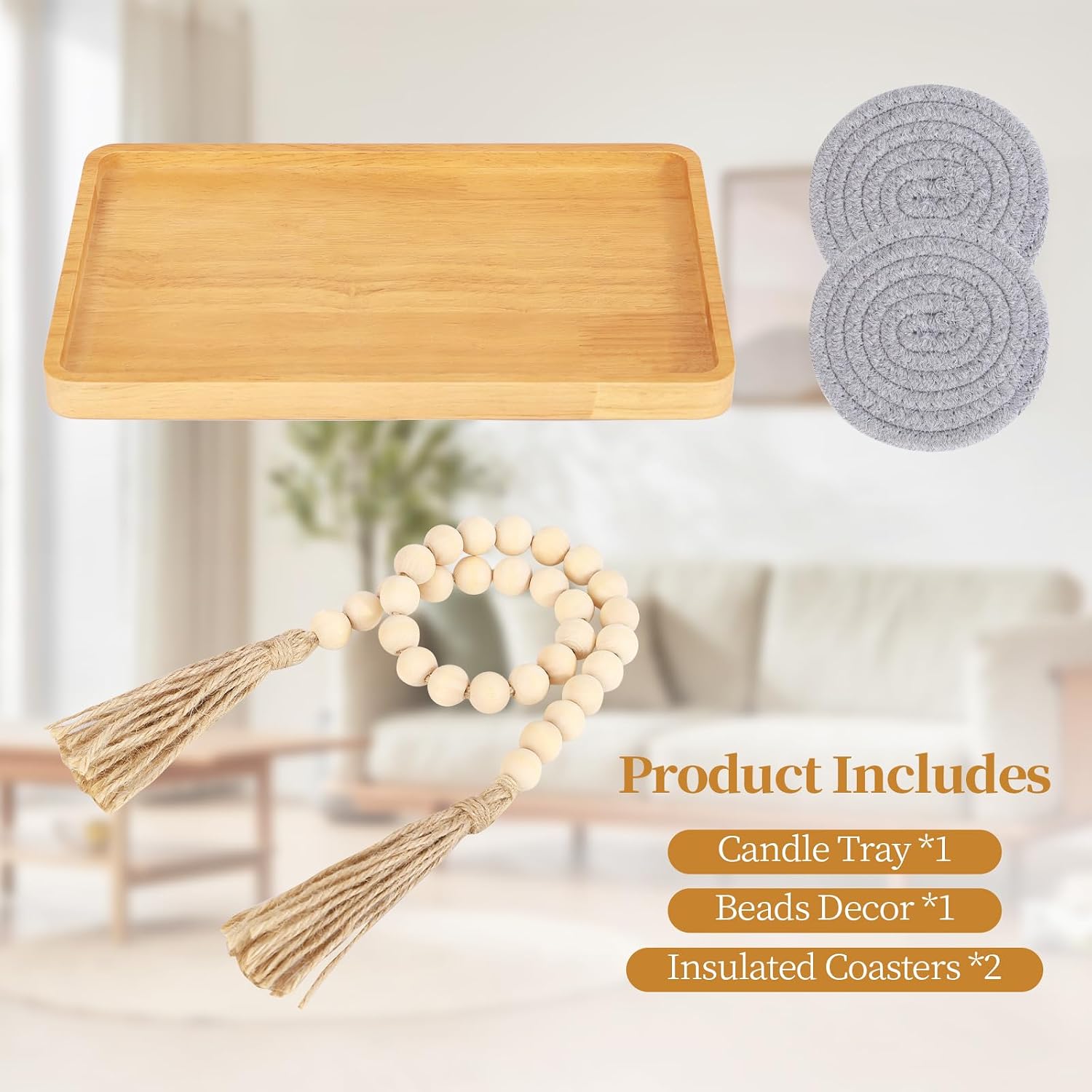 Wooden Candle Tray Holder 11 * 6.5 Inch Rectangular Decorative Serving Trays for Coffee Table Centerpiece Home Decor Wood Table Tray for Kitchen Counter with Beads Decor and 2 Coasters
