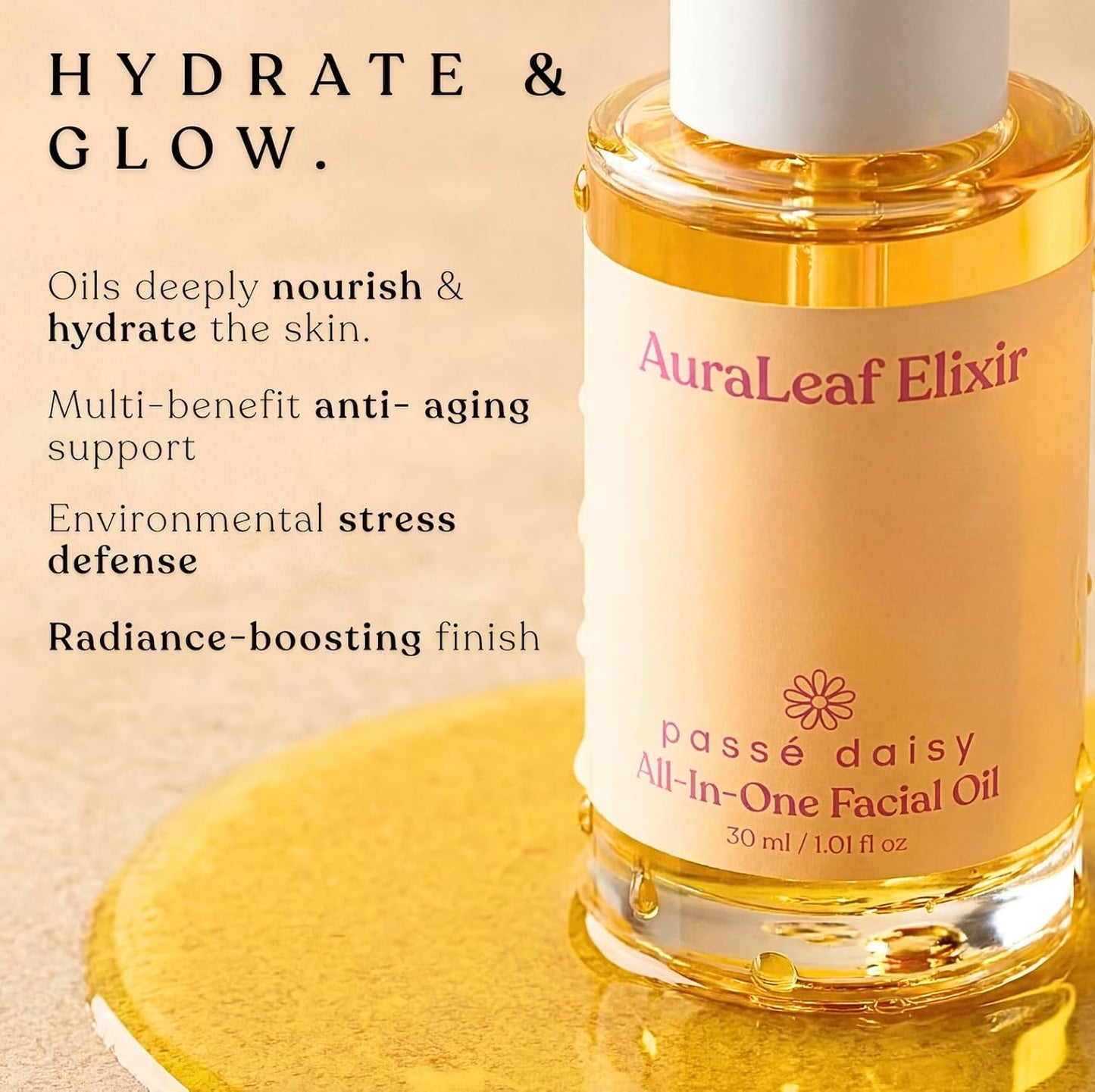 All In One AuraLeaf Elixir, Superfood Facial Oil, Deep Renewal for Dry Skin, Sparkling Mandarine Floral Cloud Scent, Refined Plum Seed & Raspberry Oil, Sea Buckthorn Fruit Oil, Vegan