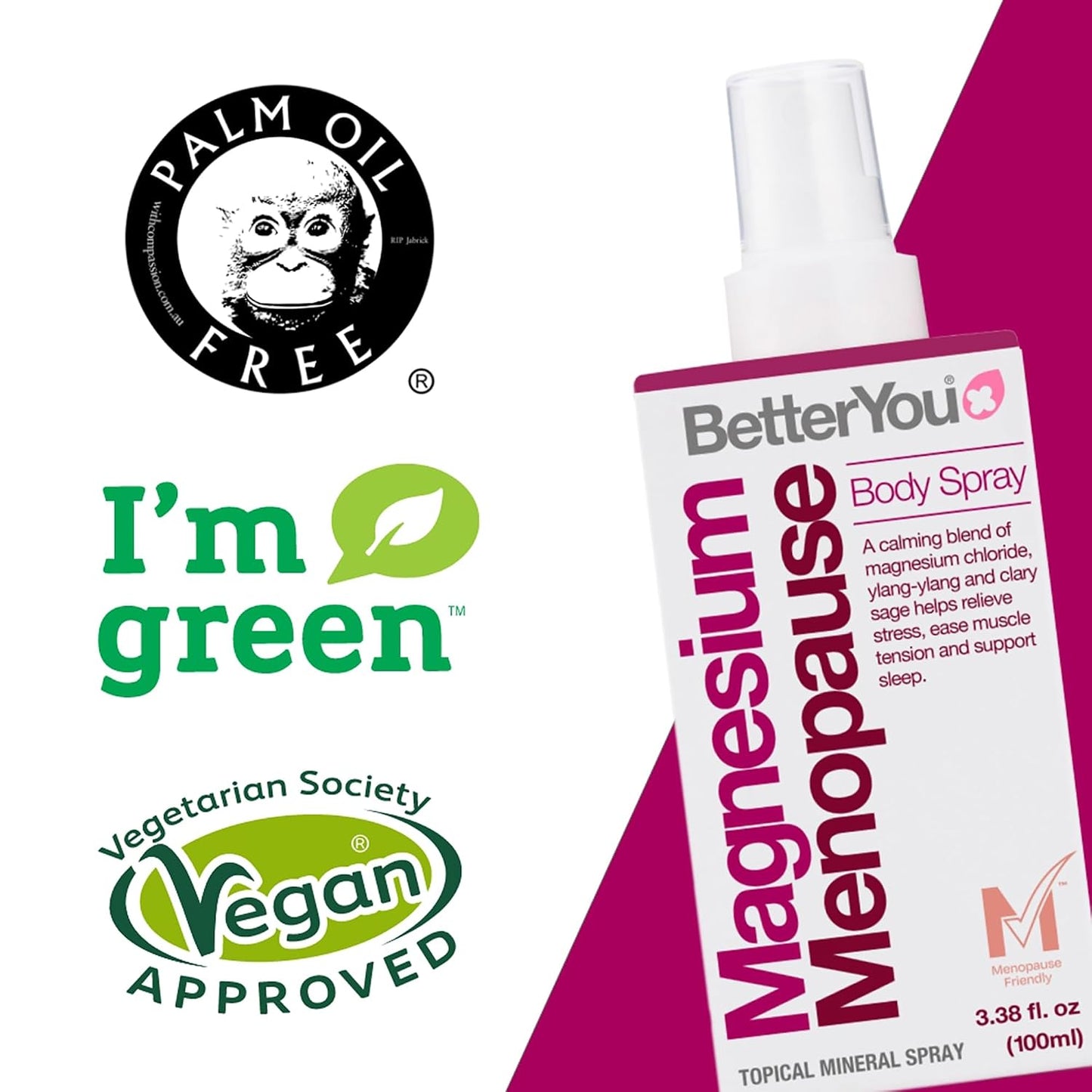 BetterYou Menopause Body Spray - Magnesium Chloride Spray for Menopause Relief - With Ylang Ylang and Clary Sage - Muscle and Sleep Support - 3.38 oz