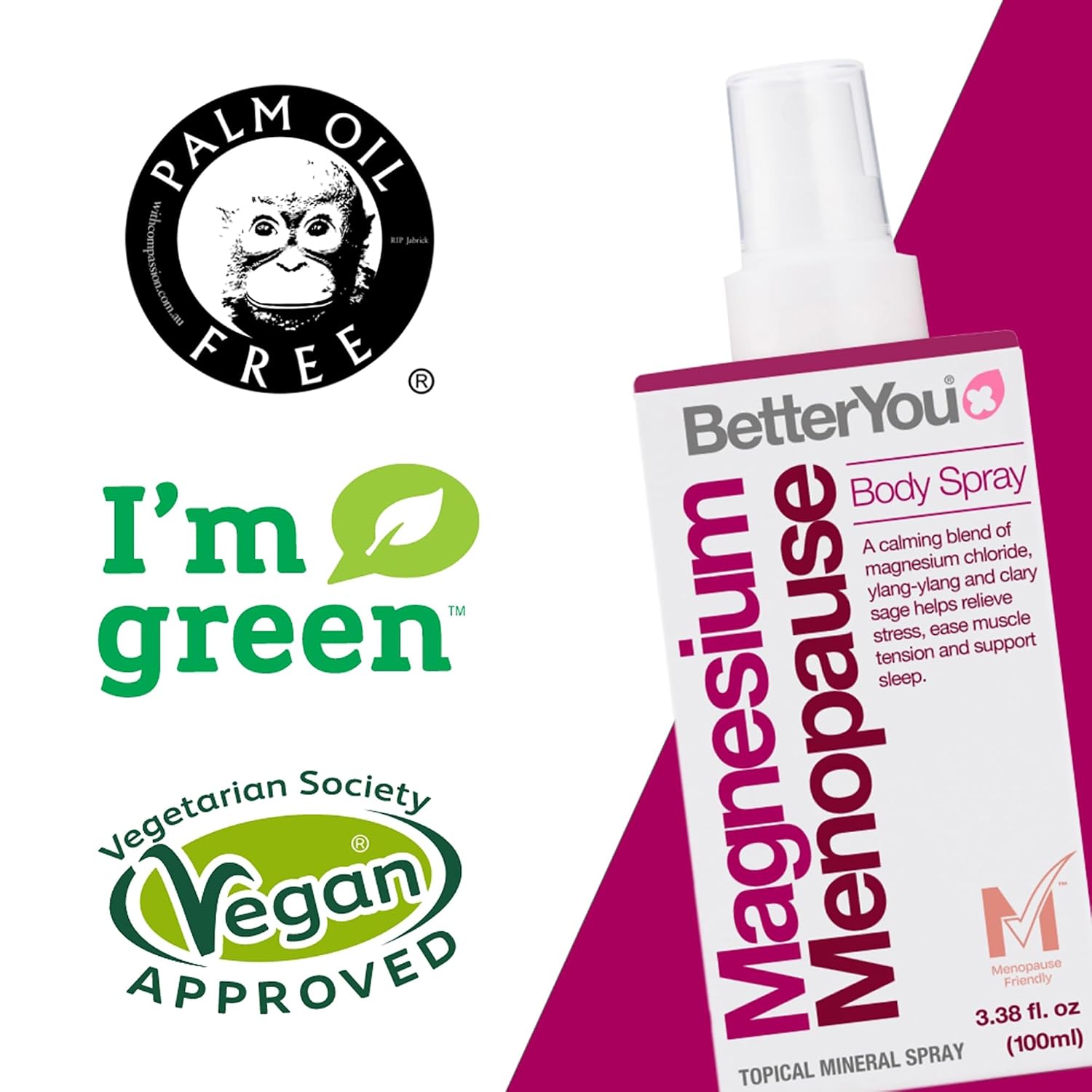 BetterYou Menopause Body Spray - Magnesium Chloride Spray for Menopause Relief - With Ylang Ylang and Clary Sage - Muscle and Sleep Support - 3.38 oz