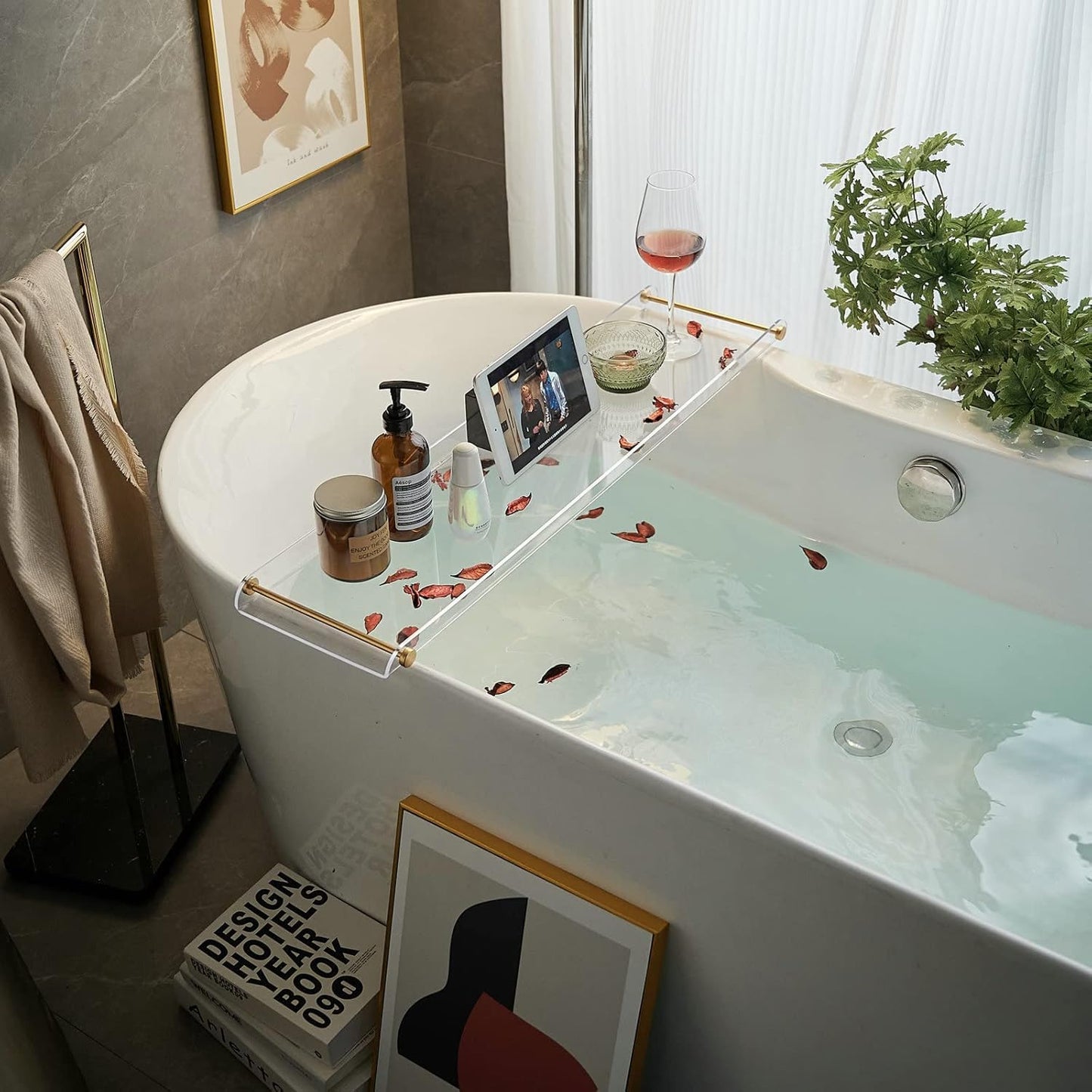 Bathtub Caddy Tray for Luxury Bathroom Bath tub Table Caddy Tray Shelf for Shower with Gold Handles fits All bathtubs