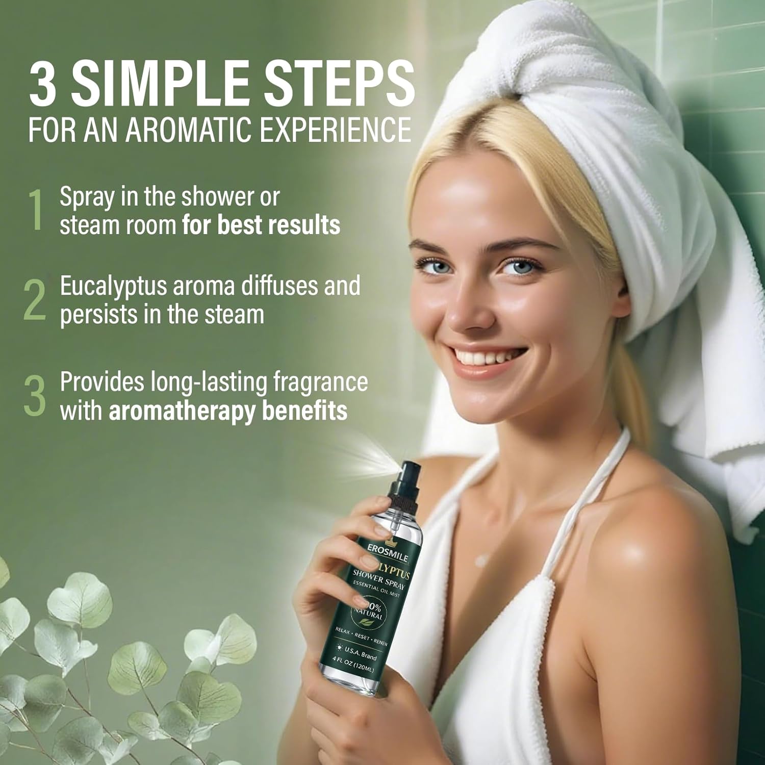 Eucalyptus Shower Spray, Pure Eucalyptus Oil Shower Mist - Sauna and Spa Steam Room Spray, At Home Spa Experience - 6.76 oz
