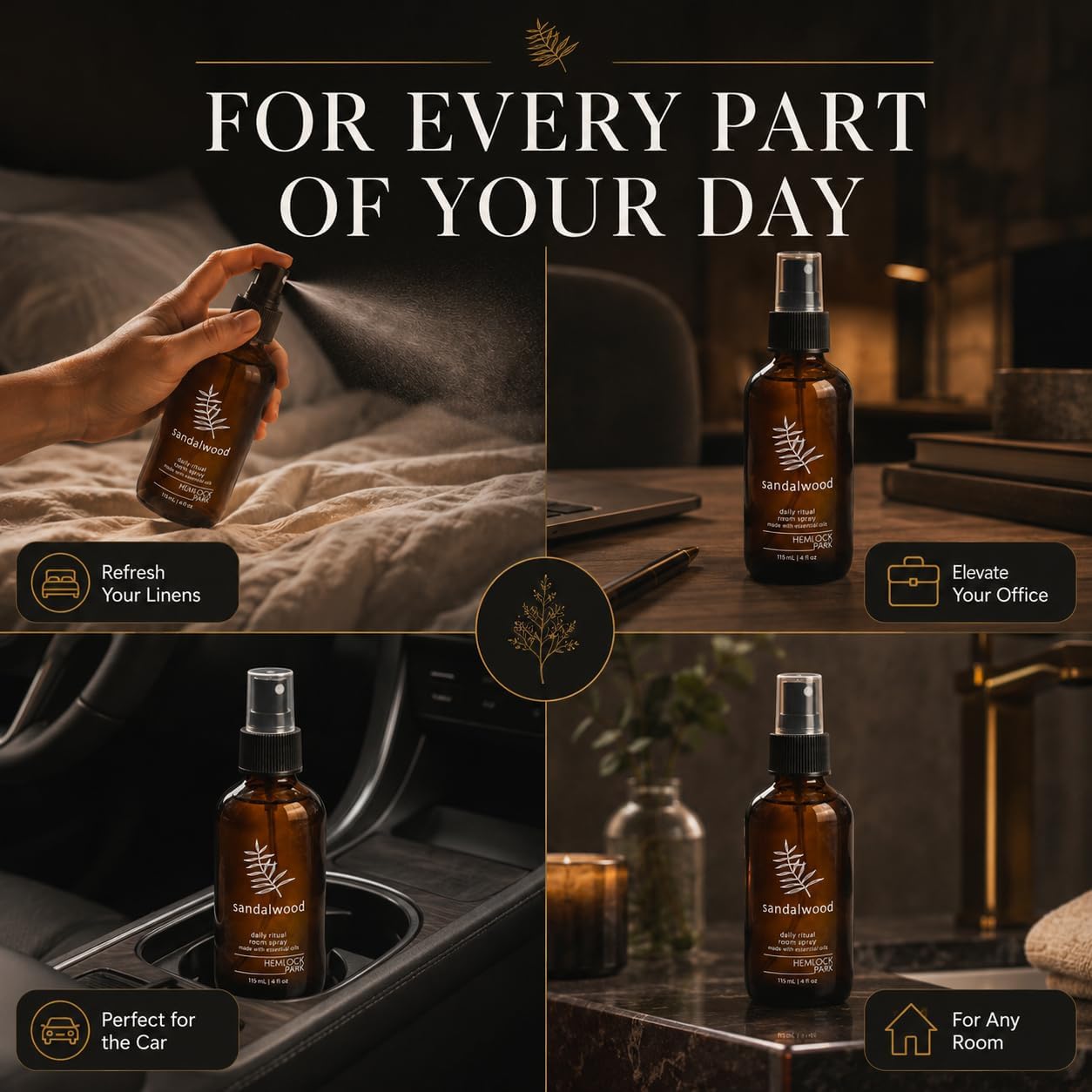 Hemlock Park Sandalwood Botanical Mist Room + Linen Spray | 4 oz Glass Bottle | Made in USA