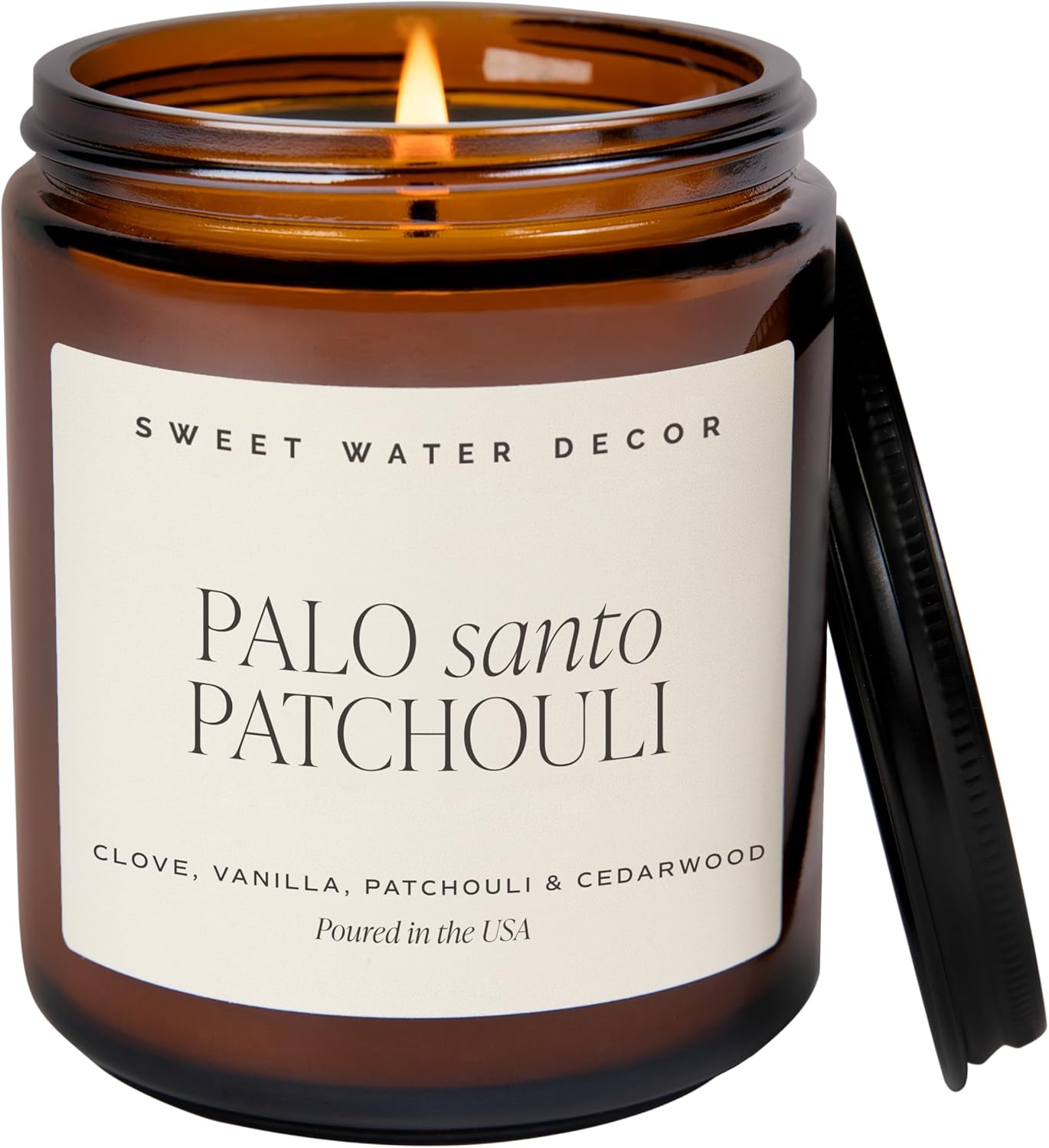 Sweet Water Decor Palo Santo Patchouli Soy Candle - Black Pepper, Clove Leaf, Nutmeg and Lavender Scented Candles for Home - 9oz Amber Jar + Black Lid, 40+ Hour Burn Time, Made in the USA