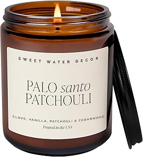 Sweet Water Decor Palo Santo Patchouli Soy Candle - Black Pepper, Clove Leaf, Nutmeg and Lavender Scented Candles for Home - 9oz Amber Jar + Black Lid, 40+ Hour Burn Time, Made in the USA