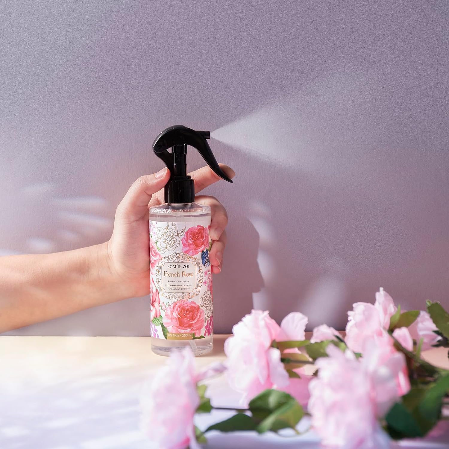 ROMIIE ZOI Linen & Room Air Freshener Spray Room Mist, with Natural Plant Extract, Rose Scent, 8.5 FL OZ.