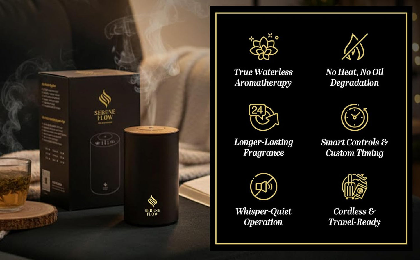 Waterless Essential Oil Diffuser, battery-operated cordless aromatherapy diffuser with timer & 3 mist levels. For car, home, office, yoga studio, nursery, bedrooms, and pet areas. Black aluminum alloy