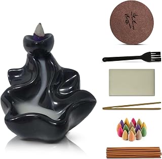 Ceramic Backflow Incense Holder Smoke Waterfall Burner Set with 120 Backflow Incense Cones