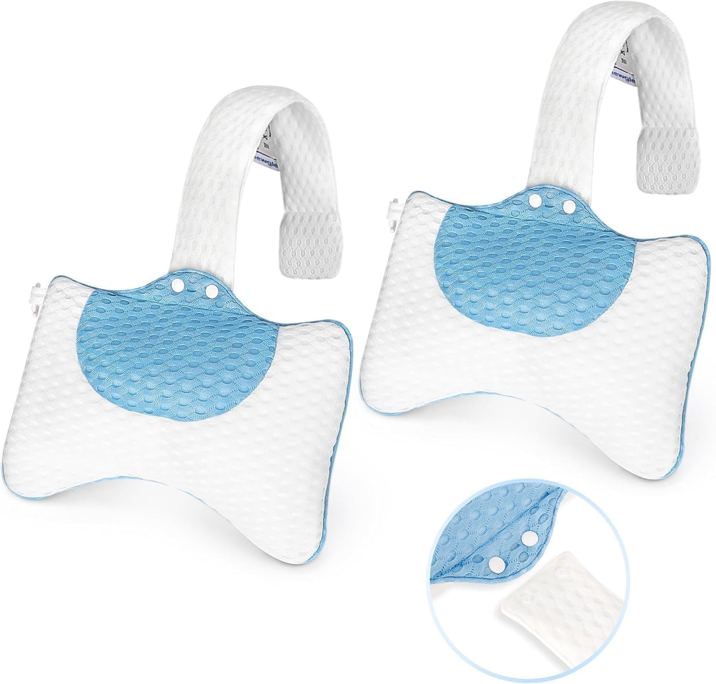 3D Mesh Hot Tub Pillow Headrest Cushion, Adjustable Height with Long Strap & Hook, Quick-Dry Ergonomic Neck Support Pillow, Universal Fit for Spa Bathtub, Chaise Lounge (2-Pack(White&Blue)