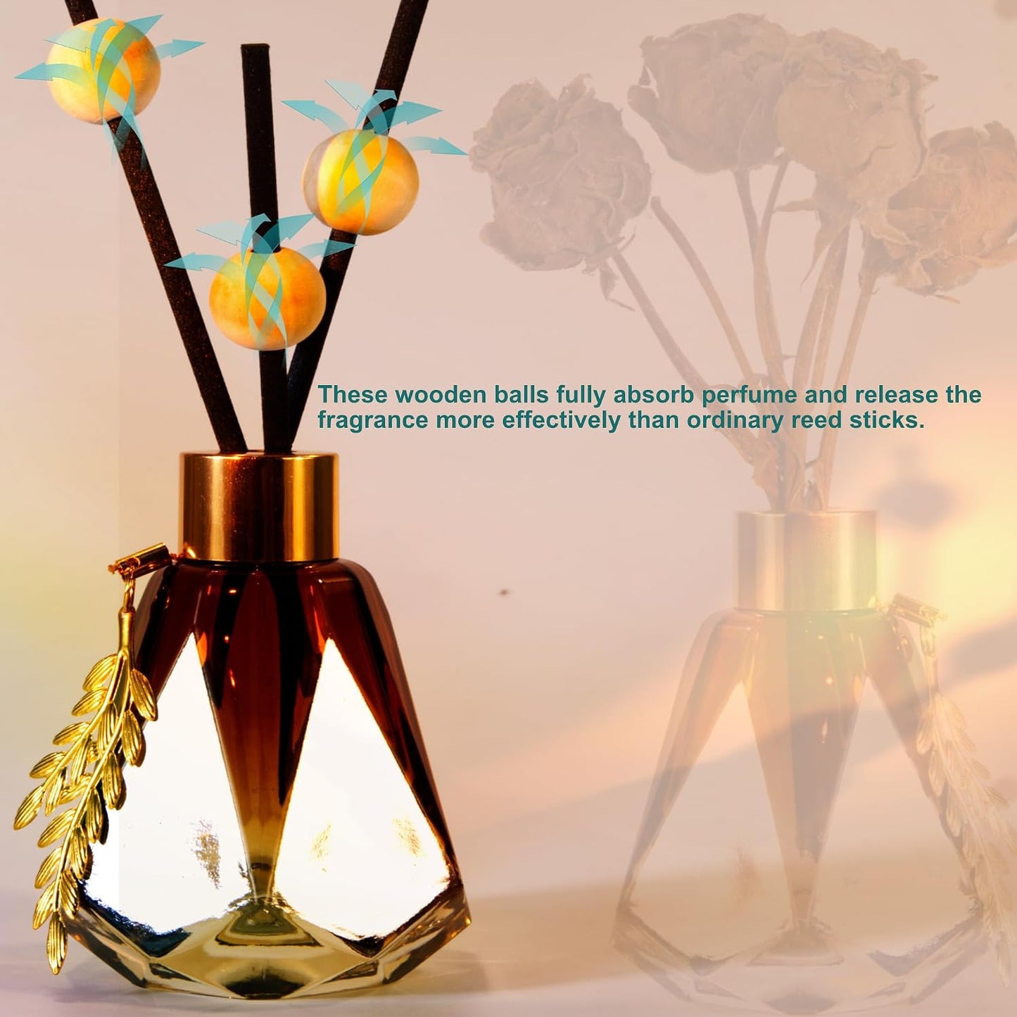 Meinvcisi 4 Empty Fragrance Glass Diffuser Bottles, Refillable Diffuser Bottles with 20pcs Reeds Sticks &12 Wood Balls&4 Metal Leaves, Reed Diffuser Set, Diamond Style,60ML, Gradient Brown.
