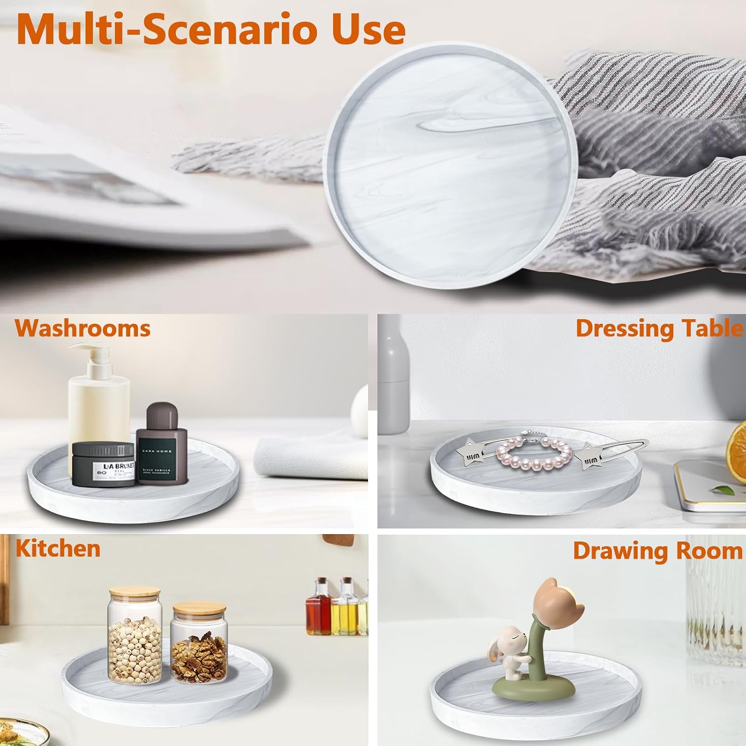 LELE LIFE Silicone Bathroom Vanity Tray, 7.1in Marble Bathroom Tray Countertop Organizer, Decorative Perfume Tray Coffee Table Dresser Counter Decor for Candle Jewelry Key (Round)