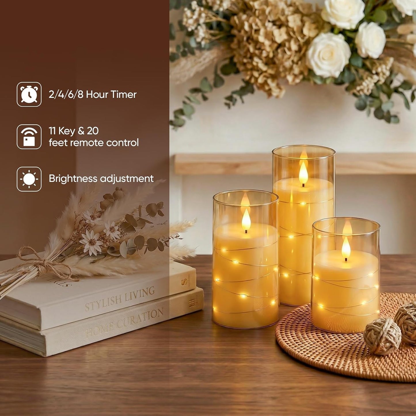 Amagic Flameless Candles, Flickering Battery Operated Candles Embedded Fairy String Light, Realistic Pillar Candle with Remote Control and Timer, Acrylic Amber Gold, Set of 6, D3 x H4 5" 6"