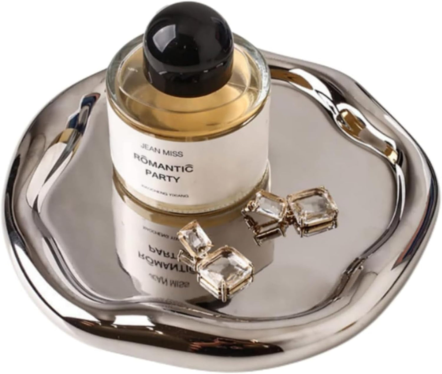Silver Tray Decorative Vanity Tray Bathroom Tray Jewelry Dish Ceramic Silver Round Plate Holder Makeup Tray Home Organizers Irregular Storage Plate Bathroom Organizer (Round)