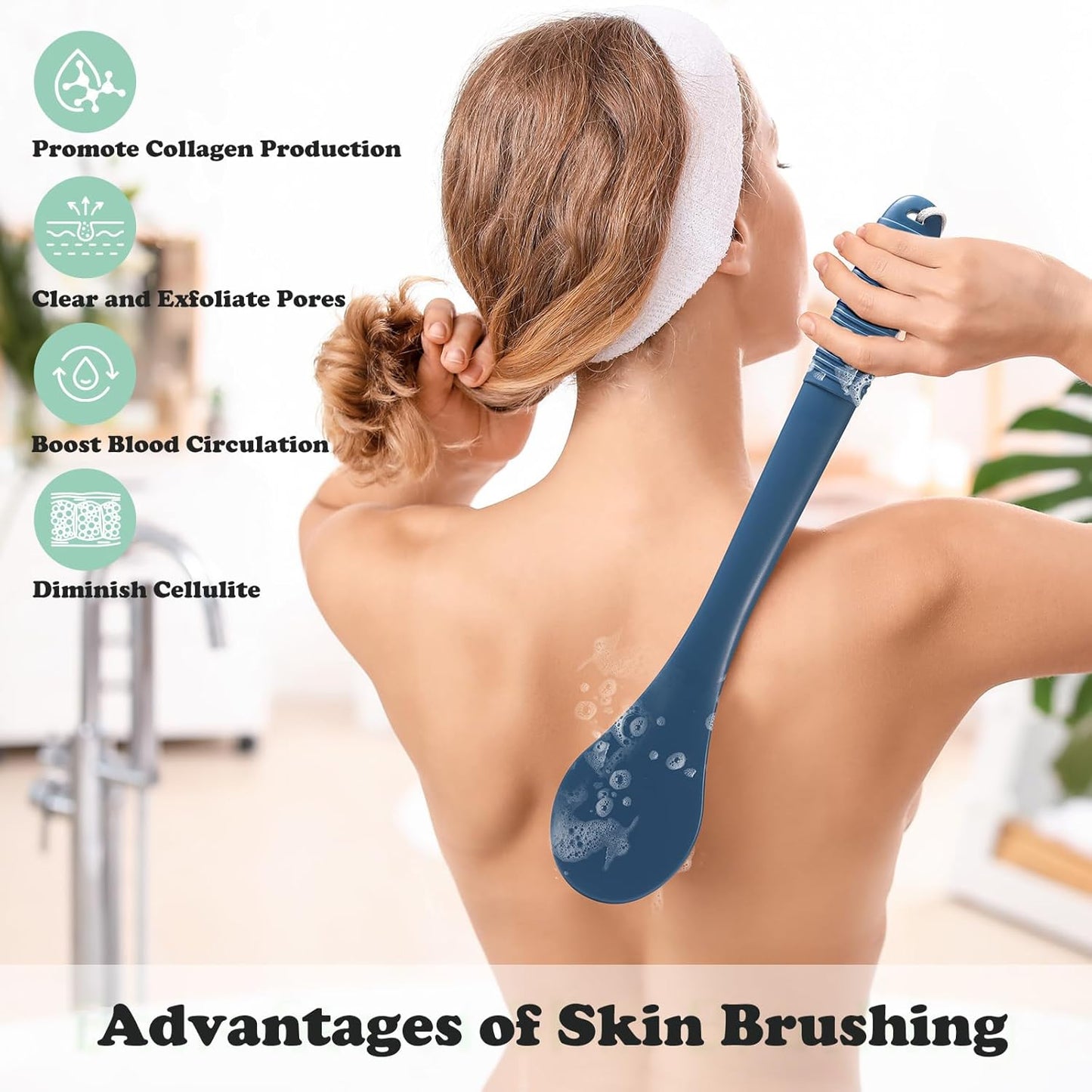 17-Inch Back Scrubber for Shower, Anti-Slip Exfoliating Body Brush for Bath, Gentle Back Brush for Shower for Men, and Women, Cleaning Skin for Smooth, Glowing Skin (Blue)