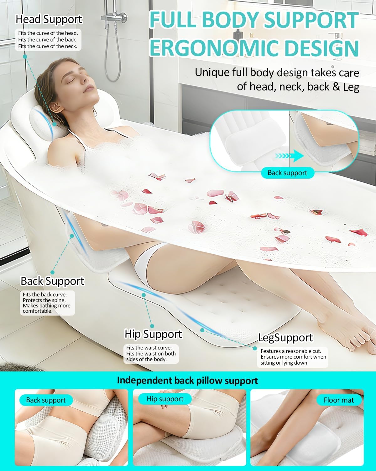 Full Body Bath Pillow for Bathtub, 5D Thick Tub Pillow for Bathtub with Movable Head, Neck & Lumbar Support, Laundry Bag & Hook, Bathtub Pillow for Post-Yoga Spa, Deep Relaxation(White, 51"*15")