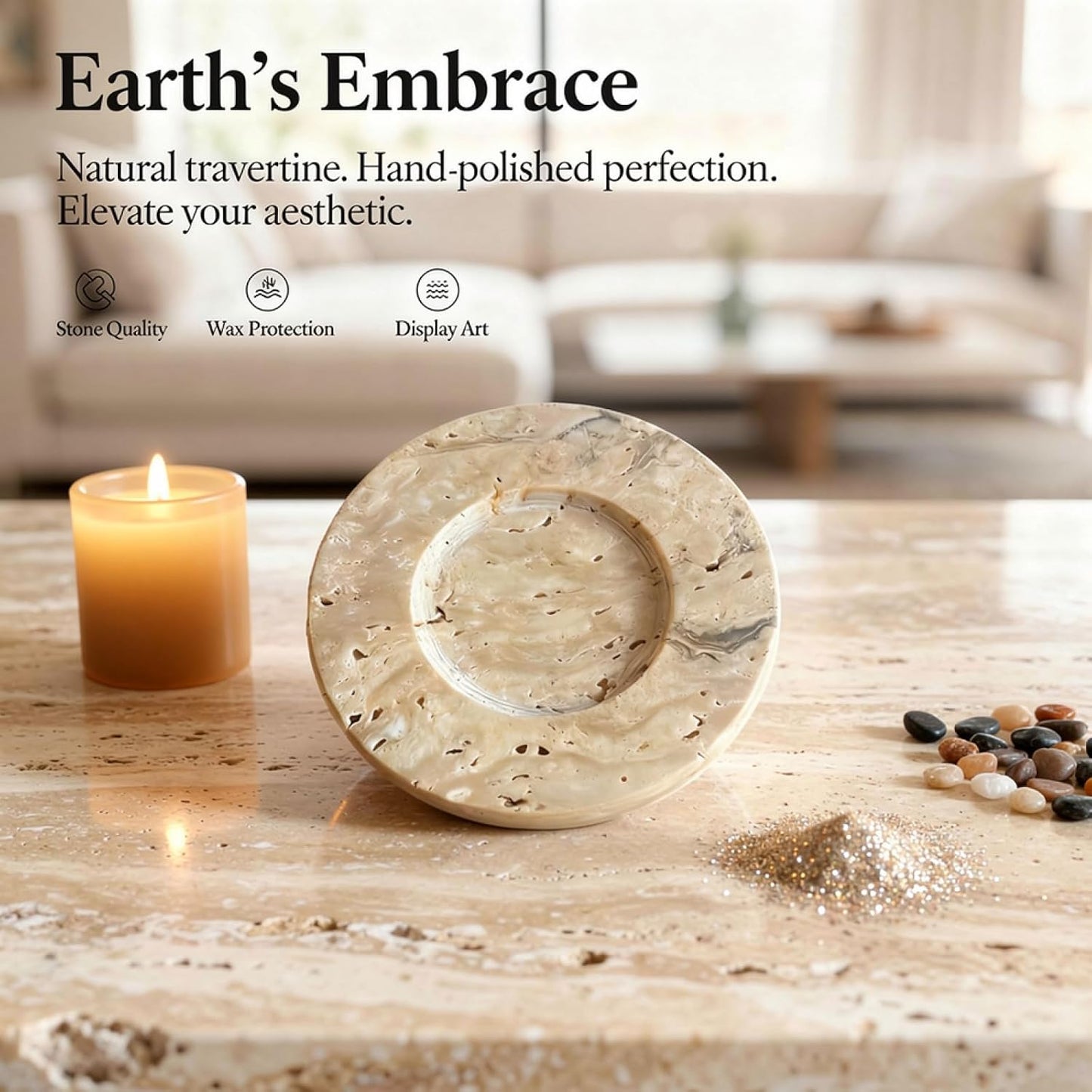 2 Pcs Travertine Marble Candle Holders, European Style, 3.93 in Round Hand-Polished Decorative Trays for Aromatic Wax, Jewelry Display, Storage, Unique Retro Decor