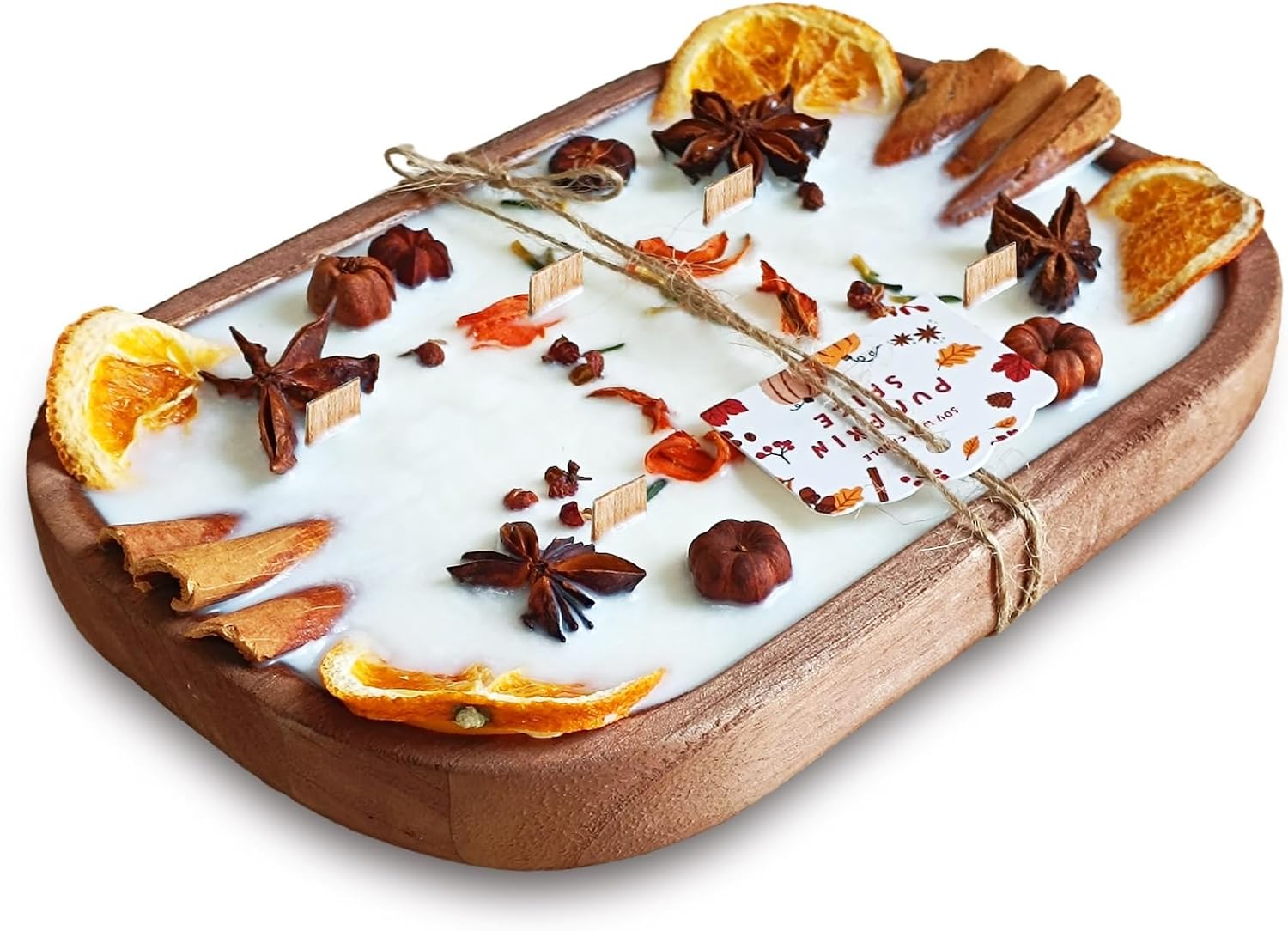 6 Wick Spice Decorated Scented Candle in Wooden Bowl - 20 Oz Aromatherapy Soy Wax Candle for Home Holiday Decor - Cinnamon Spice Cinnamon Clove Scented-CIN