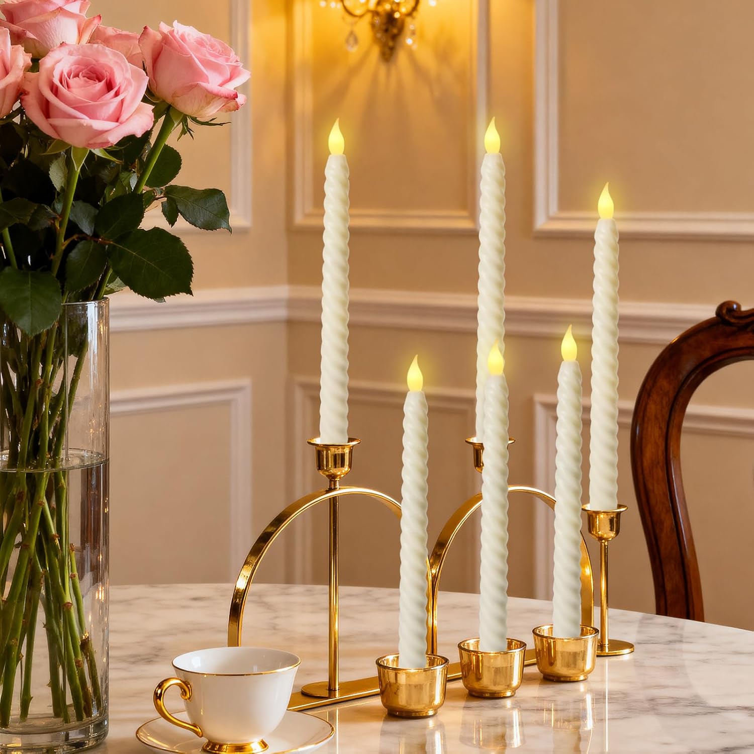 6 Pack Flameless Taper Candles, 10 Inch LED Window Candles | Flickering spiral twisted tapers, remote and timer functionality, ivory faux wax realistic look