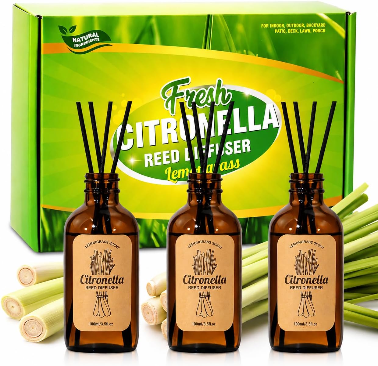 STRN Citronella Reed Diffuser Set, Citronella Scent Oil Diffuser with 18 Sticks, 3 Packs 300ML(10.14fl.oz), Summer Air Fresheners, Refreshing Long-Lasting Fragrance for Living Room, Bedroom, Office