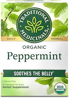 Traditional Medicinals Organic, Peppermint Tea - Helps Soothe Belly from Occasional Gas and Bloating - Kosher, Non-GMO, Caffeine-Free, Compostable - 16 Tea Bags