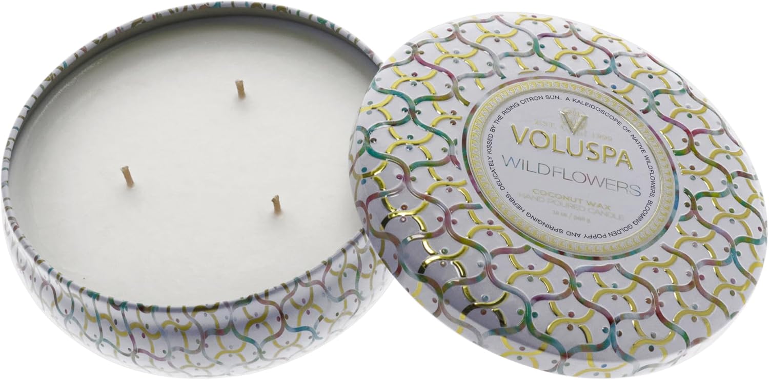 Voluspa Wildflowers, 3 Wick Tin Candle, 12 oz, 40 Hour Burn Time, All Natural Wicks and Coconut Wax for Clean Burning, Vegan, Poured in the USA