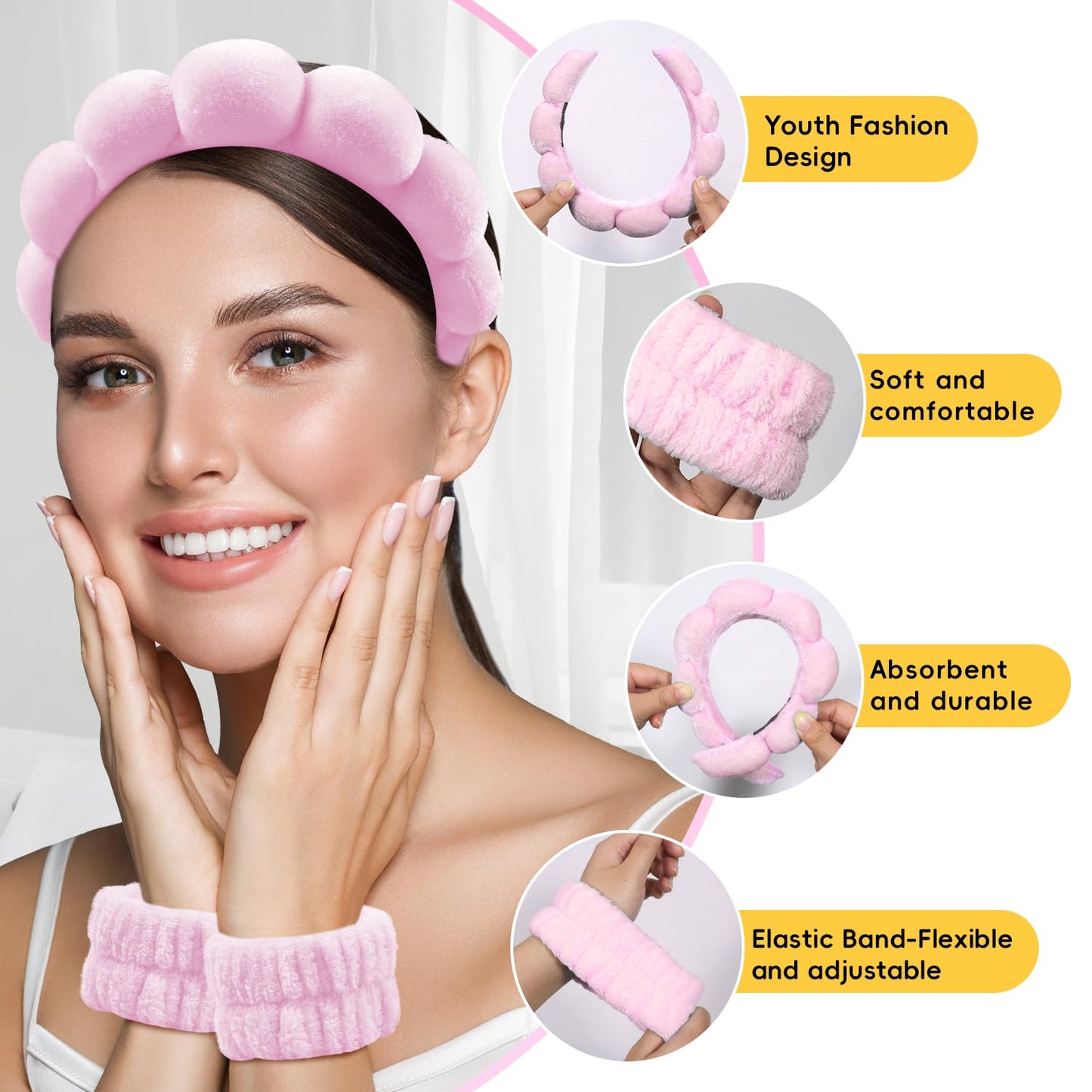 my novel things Spa Headband for Washing Face, Cute Skincare Headband and Wristband With Hair Clips Gift Set for Women Girl, Soft-Puffy Velvet Makeup Headbands (Pink)