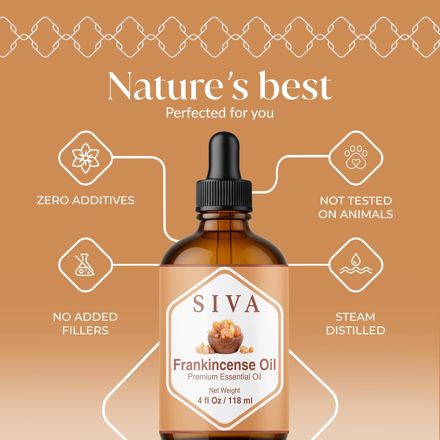 Siva Frankincense Essential Oil - 4 Fl Oz – 100% Natural Boswellia Serrata Oil - for Diffuser, Face, Skin Care, Aromatherapy, Hair Care, Scalp and Body Massage - with Dropper