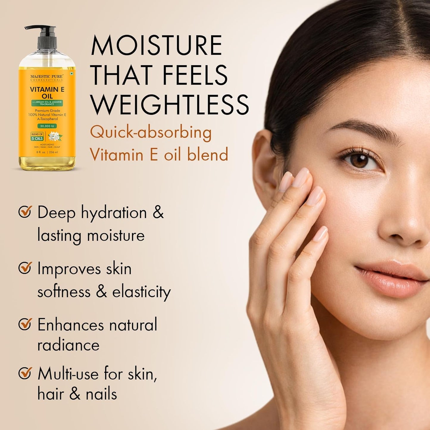 Majestic Pure Oil - 100% Pure and Natural- Cold Pressed & Hexane Free Natural Hair Growth Oil for Eyelashes, Eyebrows, Skin, Body, Face, Nails & Scalp - Vitamin E Oil with Argan Oil 8 Fl Oz