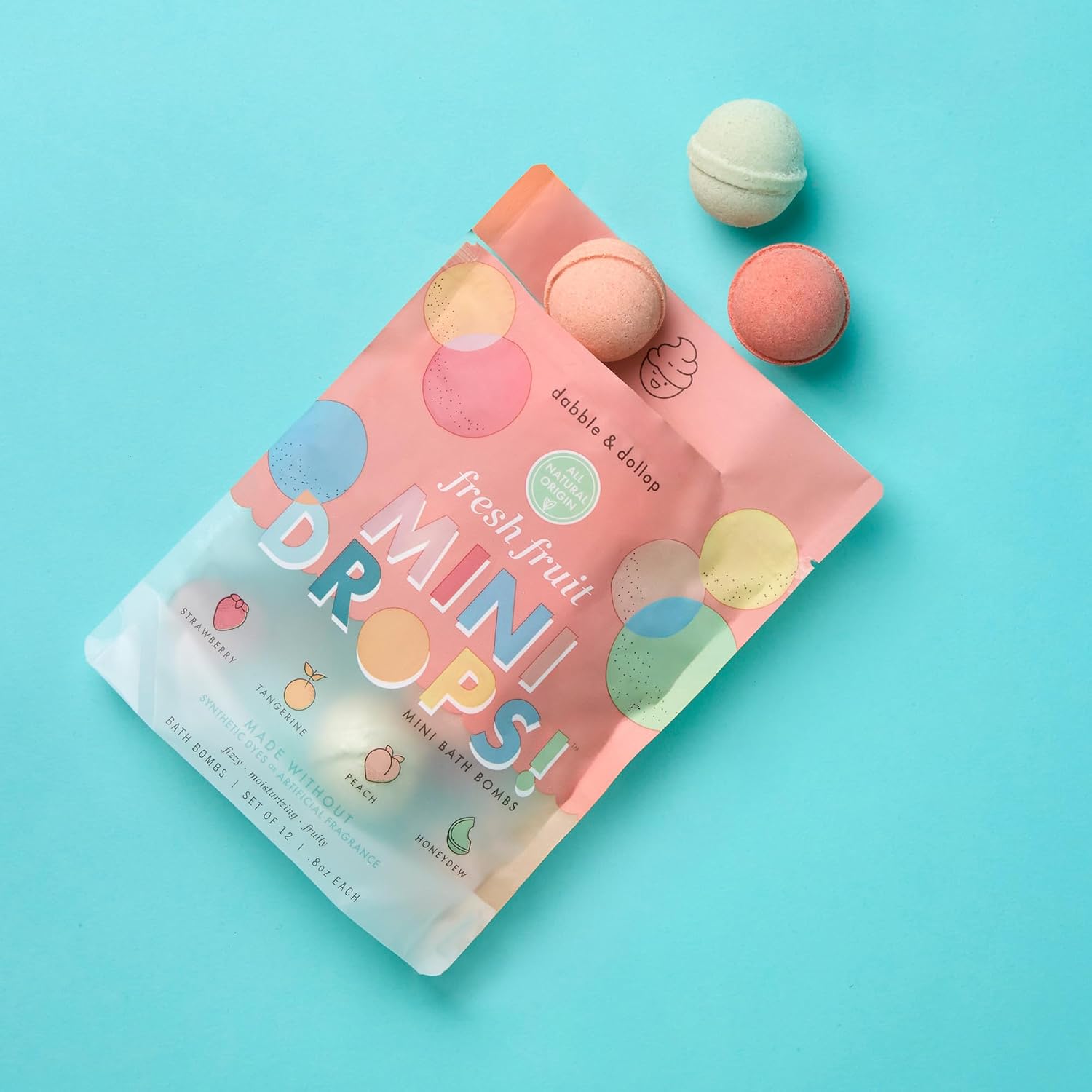 Dabble & Dollop Mini Bath Bombs, Fresh Fruit Scents - Natural Origin, Mixable Scents, Clean Ingredients, No Synthetic Dyes, Toddler & Kids Bath Bombs in Resealable Pouches (Set of 24)